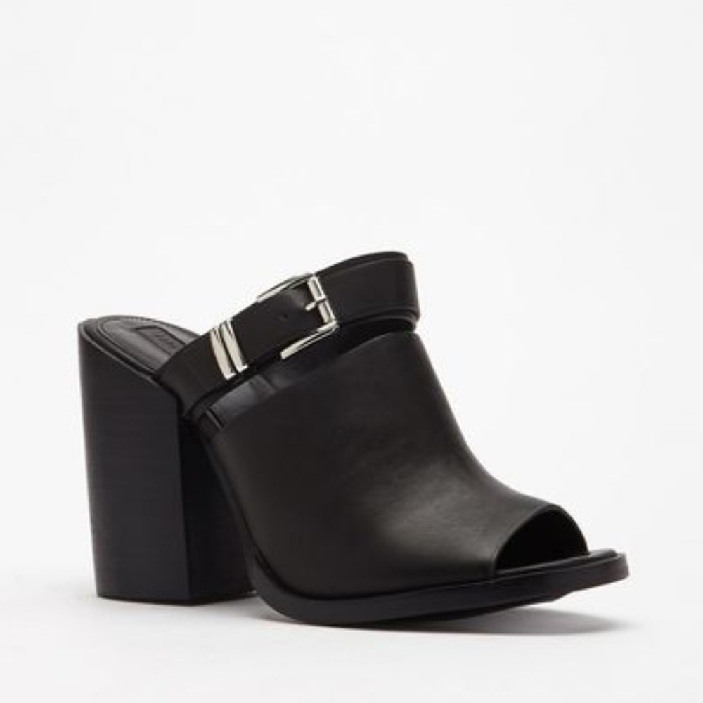 Black Faux Vegan Leather Buckled Peep-toe Mule Sandals
